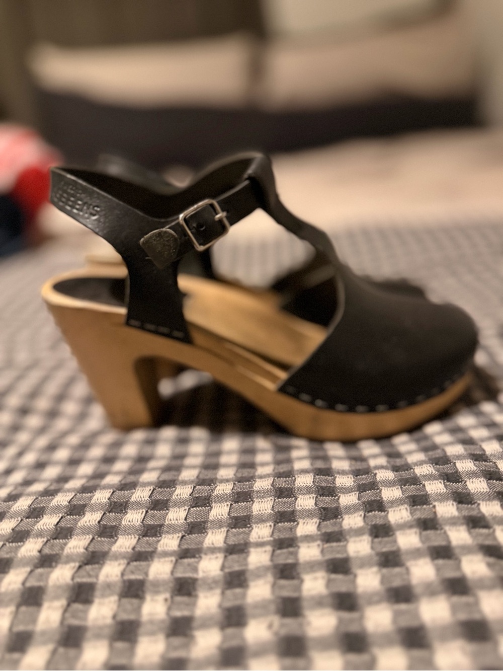 Swedish Hasbeens Black Leather T strap Clog Heels with Natural Wood Sole